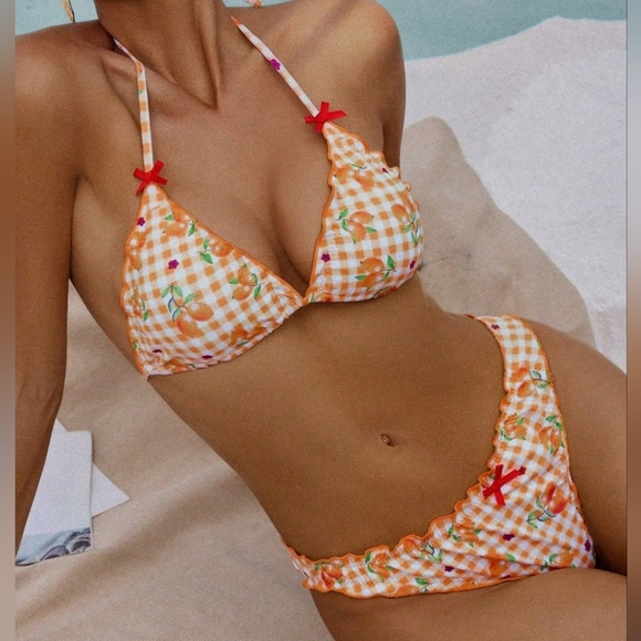 SHEIN Other - Shein 2Pcs Set Lemon Orange Plaid Bikini With Red Bows.